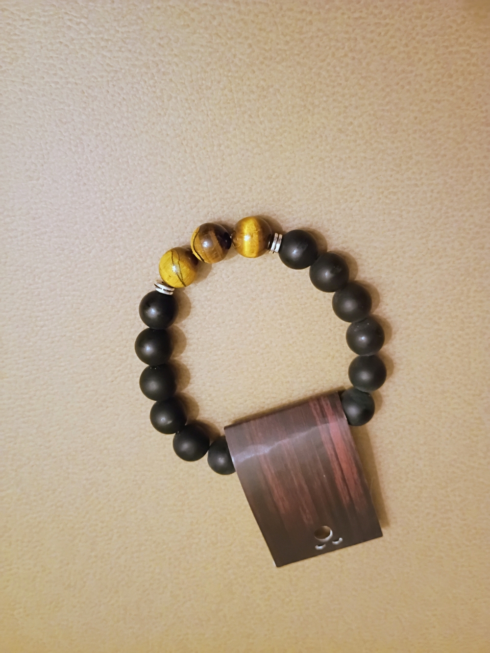 Beaded Bracelet with Tiger Eye Accents and Wooden Slide Pendant Unisex
